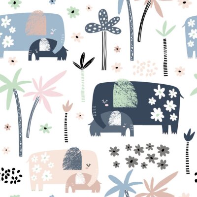 Papier peint à motif  Éléphants, palmiers et fleurs