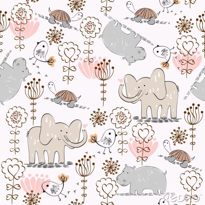 Papier peint à motif  Éléphants, plantes et petits oiseaux
