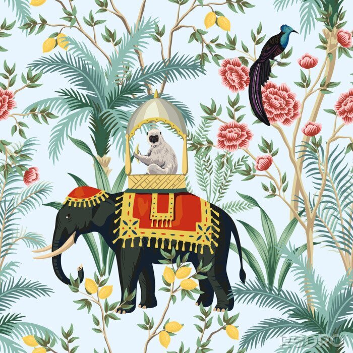 Papier peint à motif  Éléphants, singes et oiseaux avec des plantes tropicales