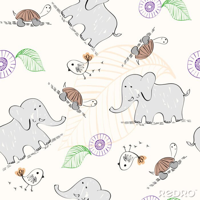 Papier peint à motif  Éléphants, tortues et oiseaux