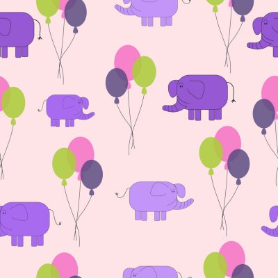 Papier peint à motif  Éléphants violets avec des ballons
