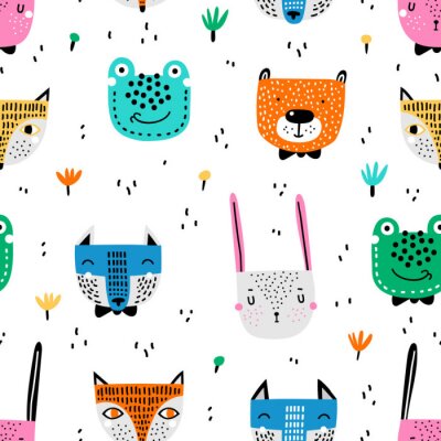 Papier peint à motif  Enfantin modèle sans couture avec des animaux dessinés à la main. Fond de vecteur scandinave à la mode. Texture vecteur style enfantin idéal pour le tissu et le textile, fonds d'écran, arrière-plans.