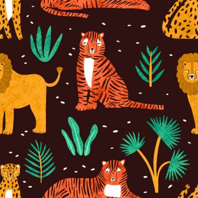 Papier peint à motif  Enfantin modèle sans couture avec des lions drôles, des tigres, des léopards et des feuilles de plantes tropicales sur fond sombre. Toile de fond avec de jolis prédateurs exotiques et sauvages. Illust