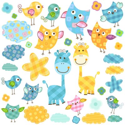 Ensemble de graphiques colorés oiseaux girafes nuages