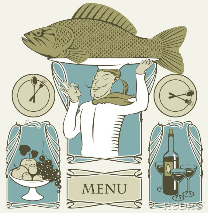 Papier peint à motif  ensemble de poissons de cuisinier sur la tête et deux plats