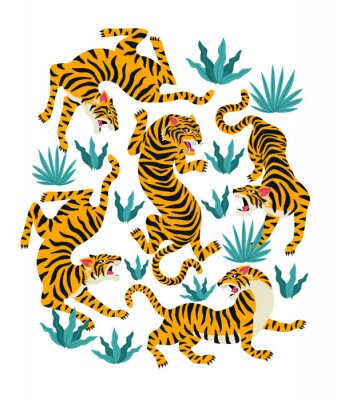 Ensemble de vecteurs de tigres et de feuilles tropicales. Illustration à la mode.