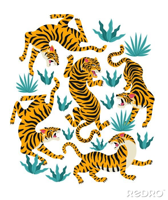 Papier peint à motif  Ensemble de vecteurs de tigres et de feuilles tropicales. Illustration à la mode.