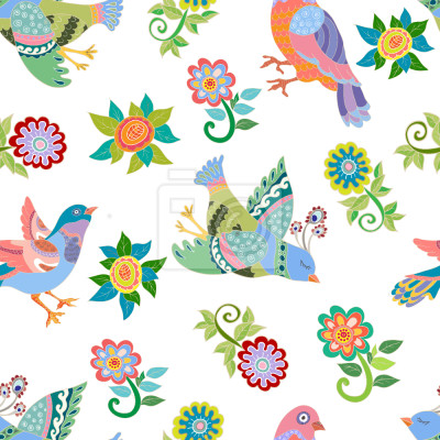 Papier peint à motif  Et fleurs Oiseaux