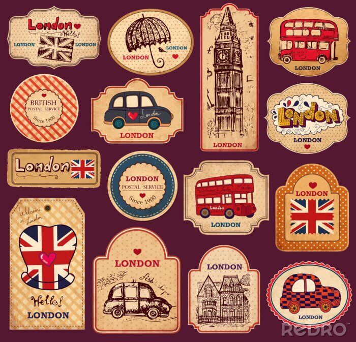 Papier peint à motif  Etiquettes avec les symboles de Londres