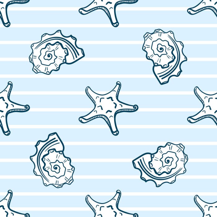Papier peint à motif  Étoile de mer et coquillages sur fond rayé