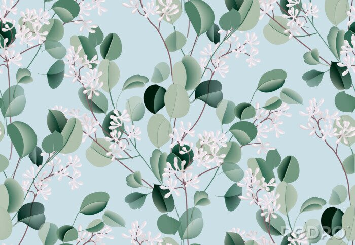 Papier peint à motif  Eucalyptus watercolor leaf seamless pattern, evergreen plant, botanical illustration, dollar silver flower. Blue green wedding texture. Tropical bouquet. Boho design