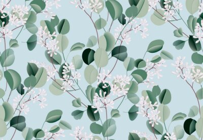 Papier peint à motif  Eucalyptus watercolor leaf seamless pattern, evergreen plant, botanical illustration, dollar silver flower. Blue green wedding texture. Tropical bouquet. Boho design