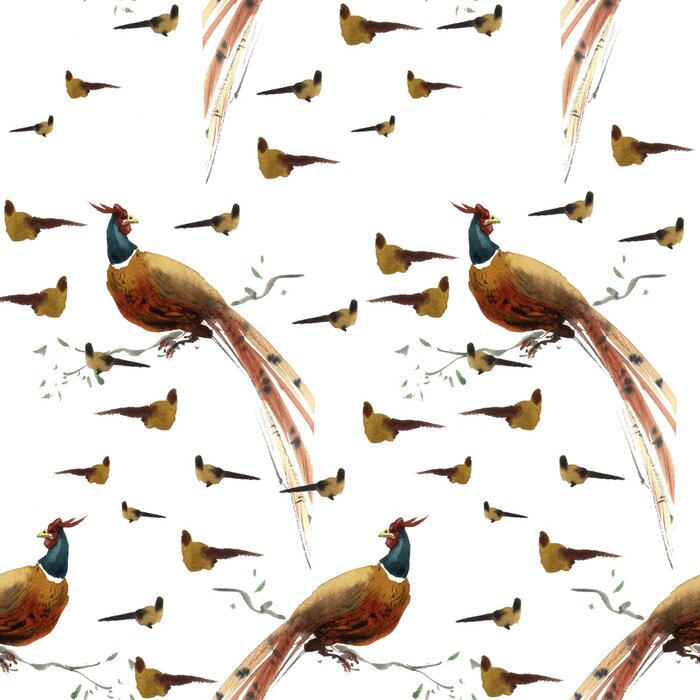 Papier peint à motif  Faisans sur fond blanc
