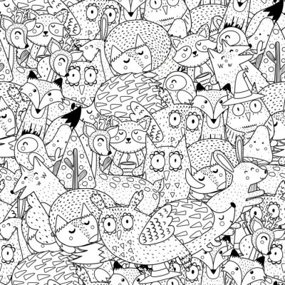 Papier peint à motif  Fantasy forest animals black and white seamless pattern. Great for  coloring page, prints