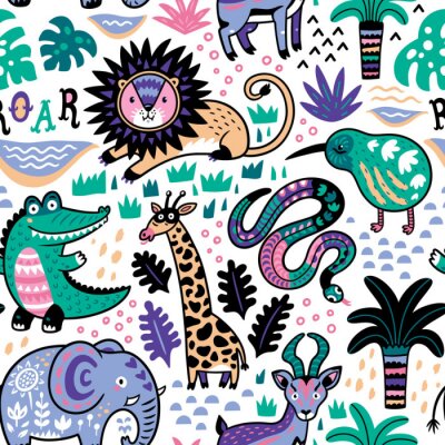 Papier peint à motif  Fashion safari seamless pattern avec jungle animaux dans vecteur