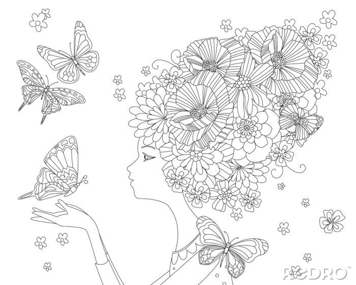 Papier peint à motif  Femme avec des fleurs au lieu de cheveux et de papillons