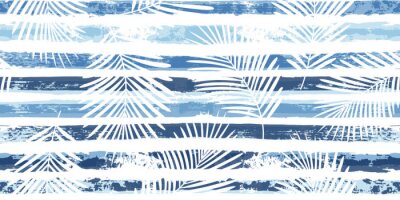 Papier peint à motif  Feuilles blanches sur rayures bleu marine