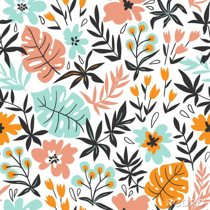 Papier peint à motif  Feuilles colorées et fleurs tropicales