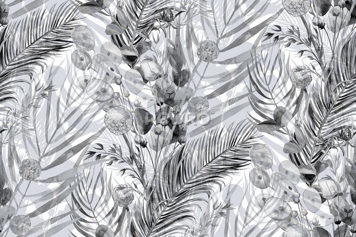 Papier peint à motif  Feuilles d'arbres et d'herbe en gris