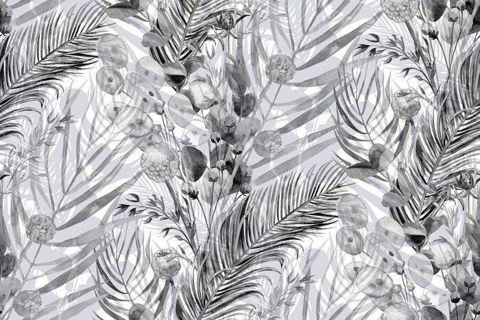 Papier peint à motif  Feuilles d'arbres et d'herbe en gris