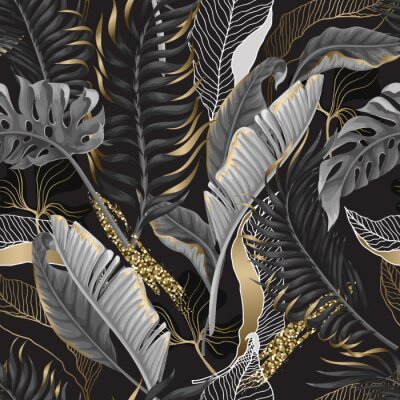 Papier peint à motif  Feuilles dans les tons noir et imitation or