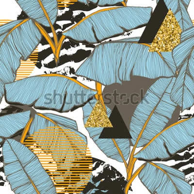 Papier peint à motif  Feuilles de bananier en bleu