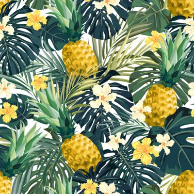 Papier peint à motif  Feuilles de fleurs tropicales et ananas