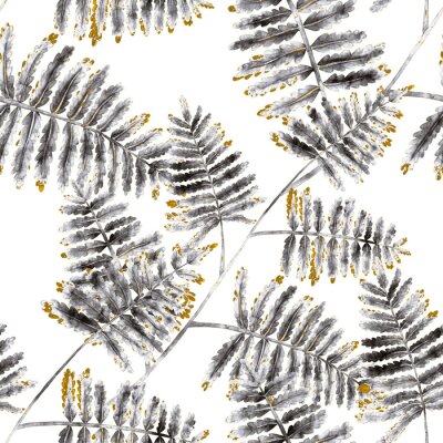 Papier peint à motif  Feuilles de fougère grises aux détails colorés