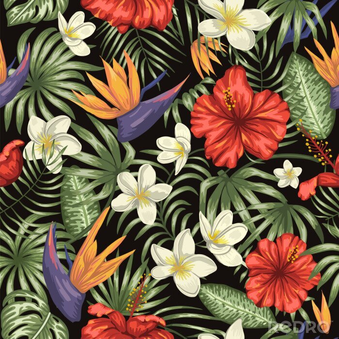 Papier peint à motif  Feuilles de jungle tropicale et fleurs exotiques