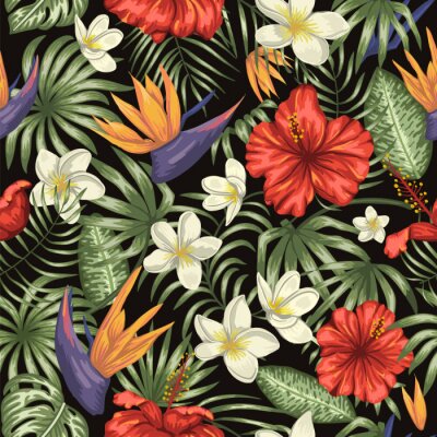 Papier peint à motif  Feuilles de jungle tropicale et fleurs exotiques