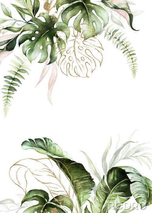 Papier peint à motif  Feuilles de Monstera en vert et or