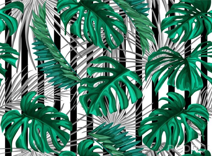 Papier peint à motif  Feuilles de Monstera sur rayures noires et blanches