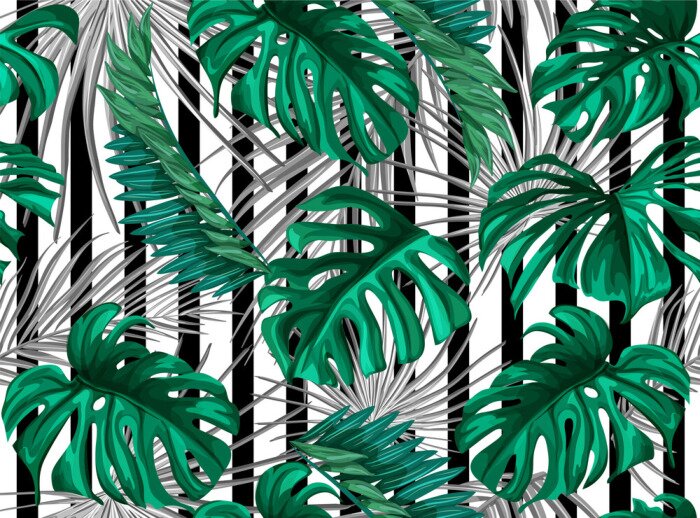Papier peint à motif  Feuilles de Monstera sur rayures noires et blanches