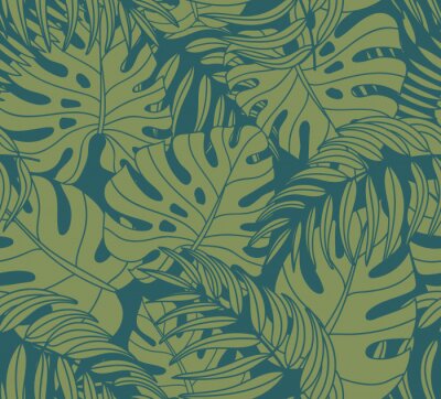 Papier peint à motif  Feuilles de monstera vertes sur fond turquoise