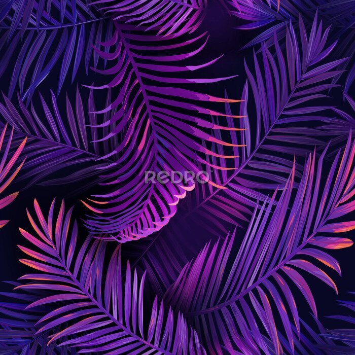Papier peint à motif  Feuilles de palmier à la lumière violette