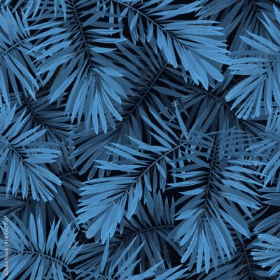 Papier peint à motif  Feuilles de palmier bleu sur fond noir