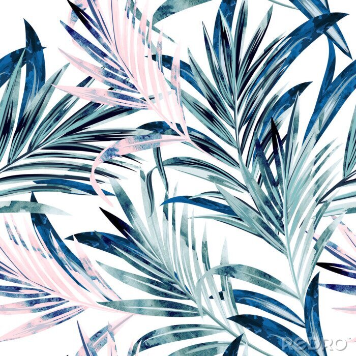 Papier peint à motif  Feuilles de palmier bleues