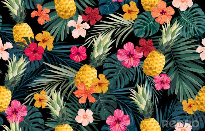 Papier peint à motif  Feuilles de palmier parmi les fleurs