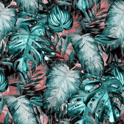 Papier peint à motif  Feuilles de palmier sur fond rose version aquarelle