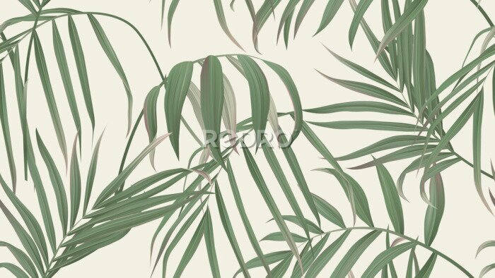 Papier peint à motif  Feuilles de palmier vertes sur un fond marron clair
