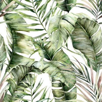 Papier peint à motif  Feuilles de palmiers tropicaux et de bananiers version aquarelle