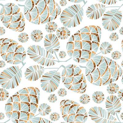 Papier peint à motif  Feuilles et cônes dans les tons gris et imitation or