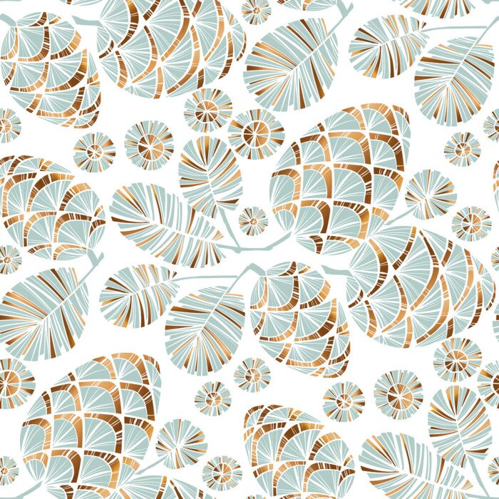 Papier peint à motif  Feuilles et cônes dans les tons gris et imitation or