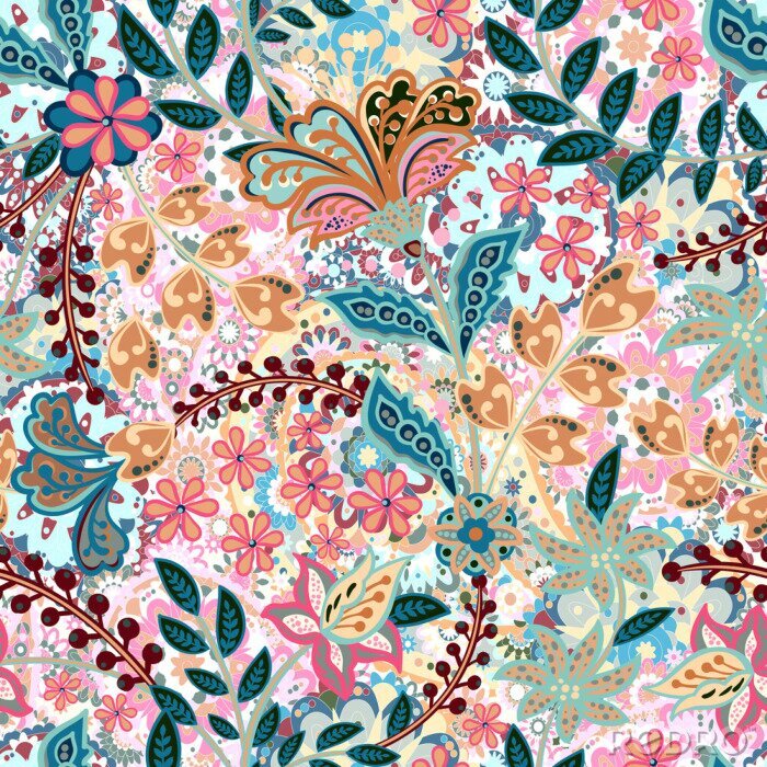 Papier peint à motif  Feuilles et fleurs colorées dans un style oriental