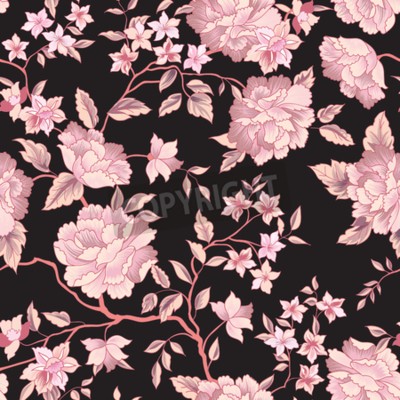 Papier peint à motif  Feuilles et pivoines arbuste