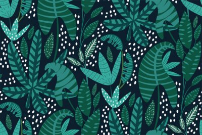Papier peint à motif  Feuilles exotiques et tropicales sur fond sombre