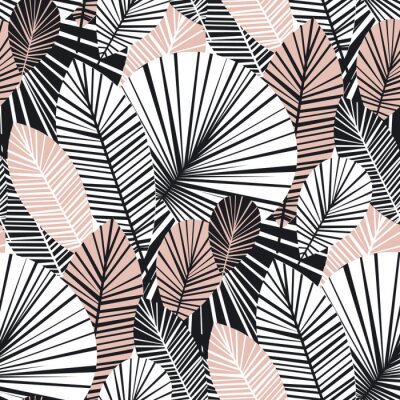 Papier peint à motif  Feuilles exotiques graphiques blanches et roses