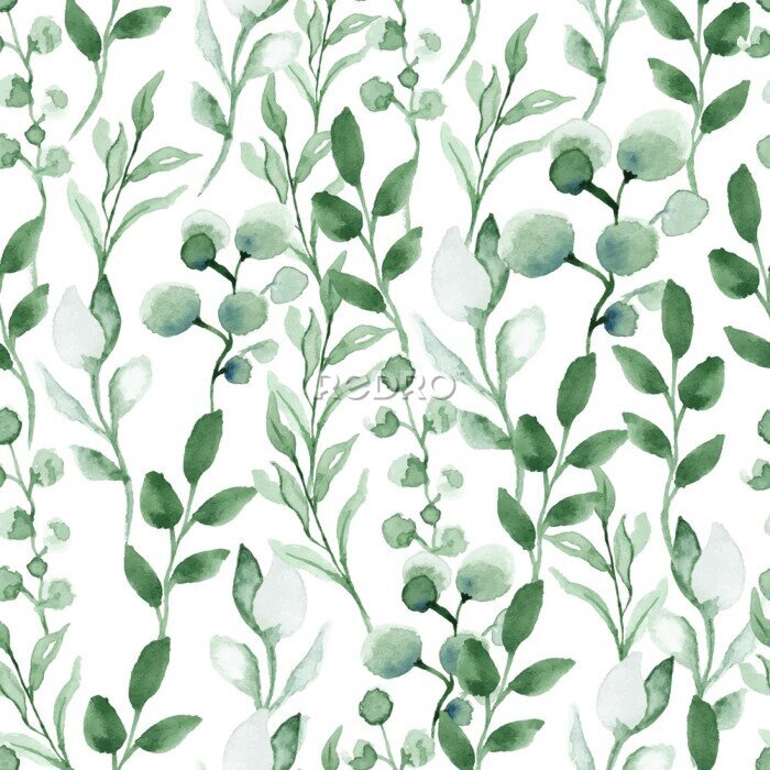 Papier peint à motif  Feuilles minuscules sur des brindilles de plantes aquarelles