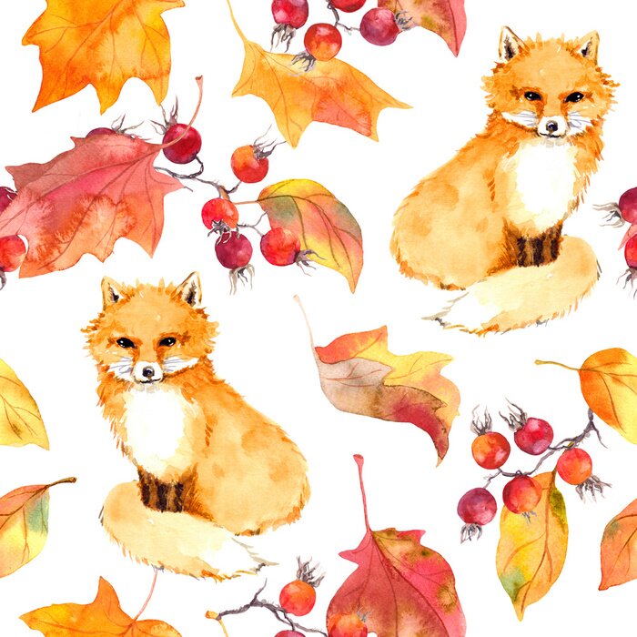 Papier peint à motif  Feuilles rouges, renard animal. Motif d'automne sans soudure. Aquarelle