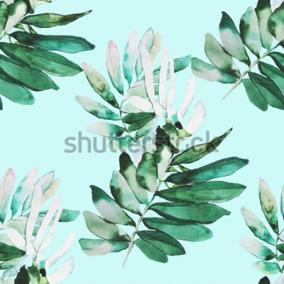 Papier peint à motif  Feuilles sur fond turquoise version aquarelle